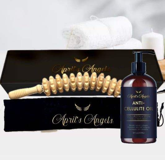 CURVED WOOD MASSAGE ROLLER & ANTI-CELLULLITE MASSAGE OIL BUNDLE